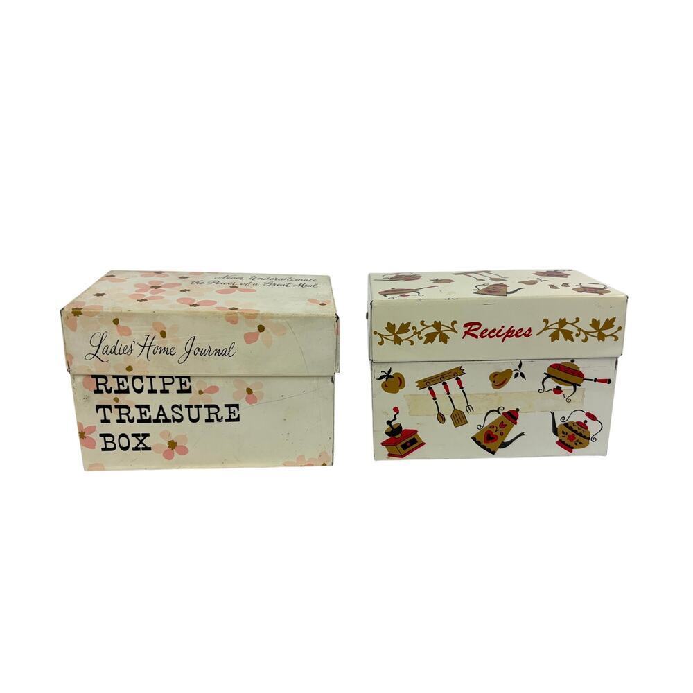 Lot of 2 Vintage Tin Metal Recipe Box Holder Garden Decor 1950s Cottagecore